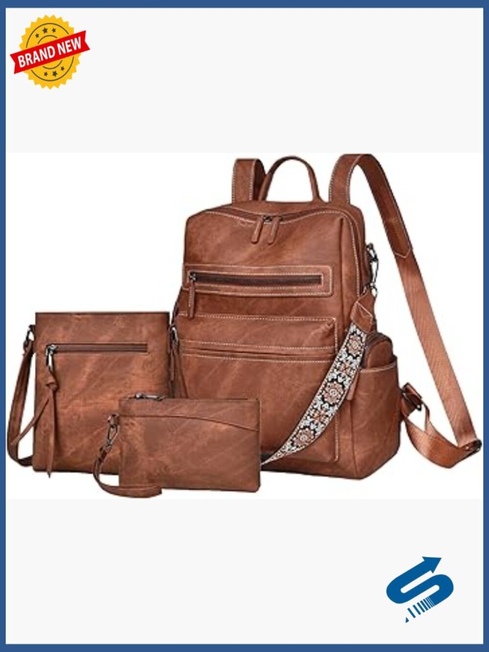 Faux Leather Fashion Backpack Purse with Crossbody and Wallet Set